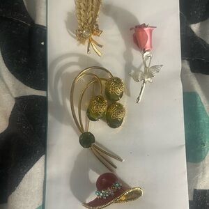 Avon Gold and Silver Brooch Trio with Red and Green Accents